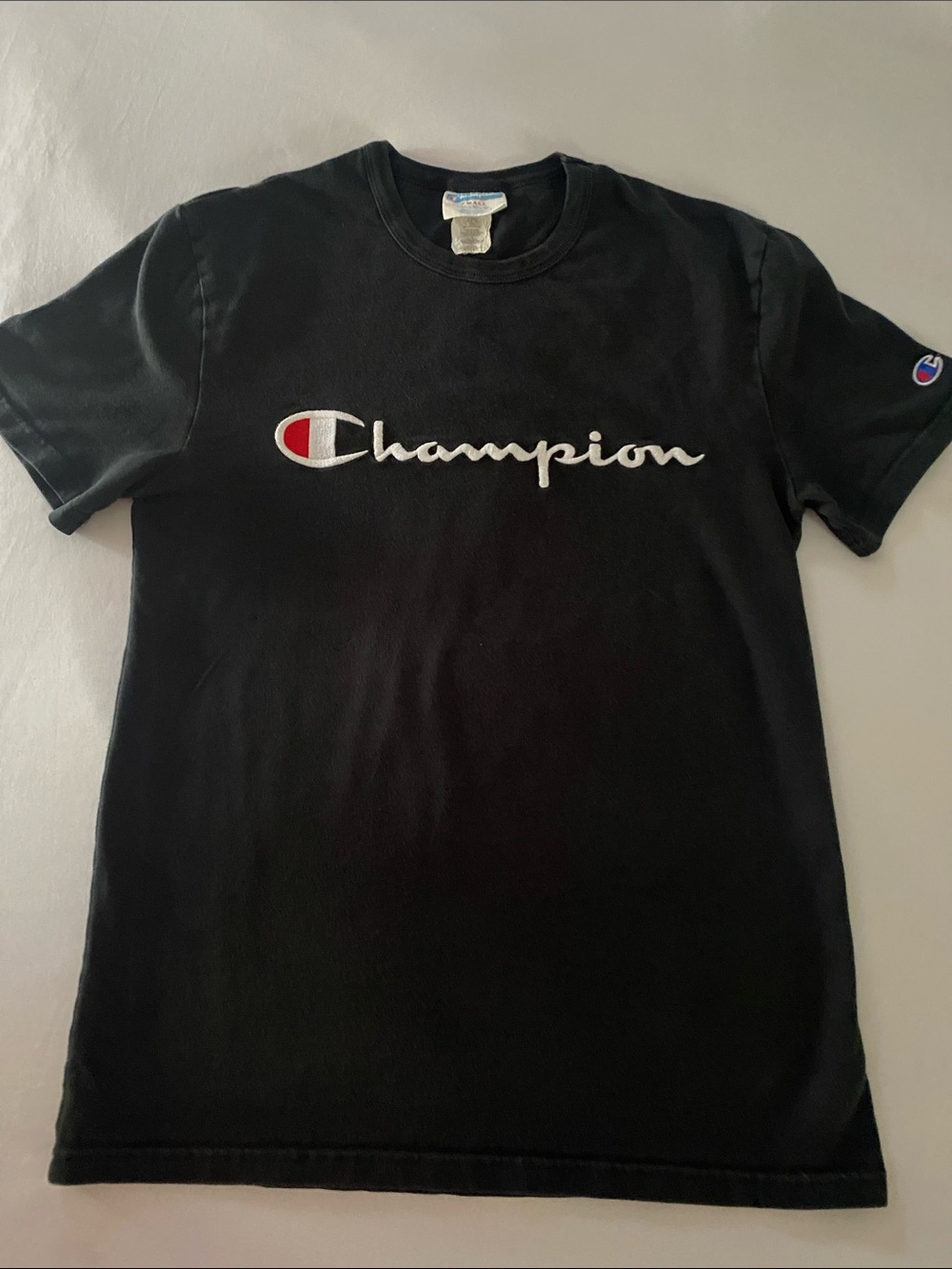 Vintage Champion Black Short Sleeve Script Logo Tee with Red Accent